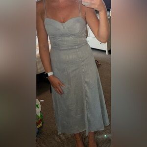 Loveliest Looks Dusty Blue Floral Jacquard Tie-Strap Midi Dress